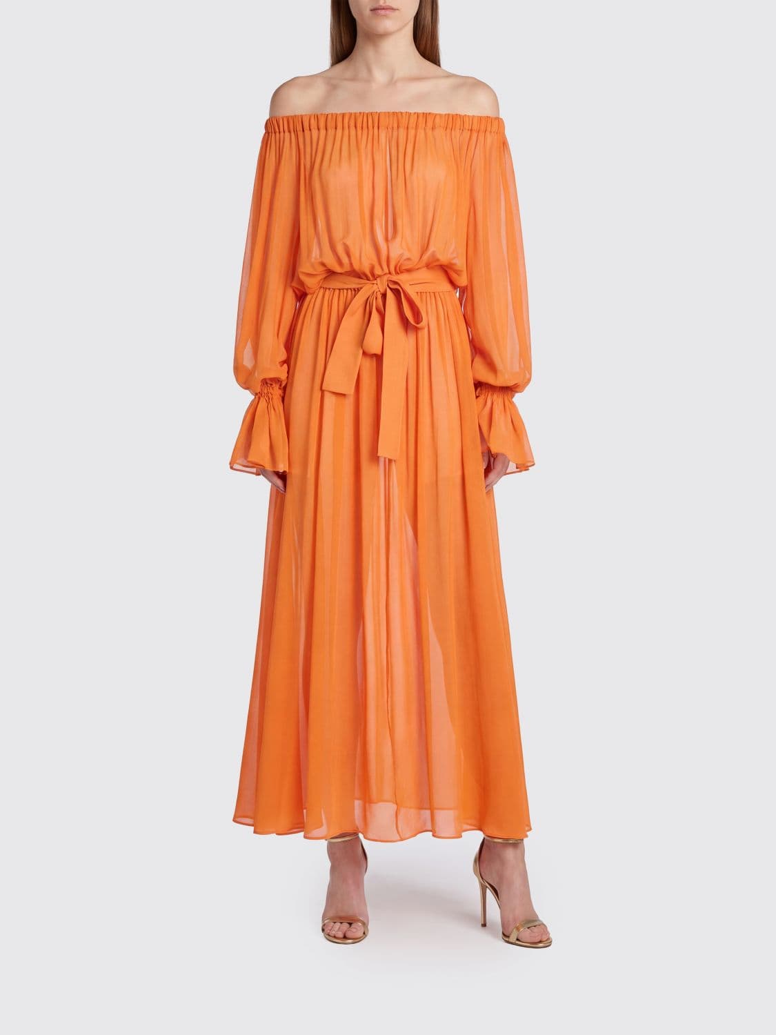 Collini Milano 1937 Long-Sleeved Chiffon Evening Gown with Tie-Waist