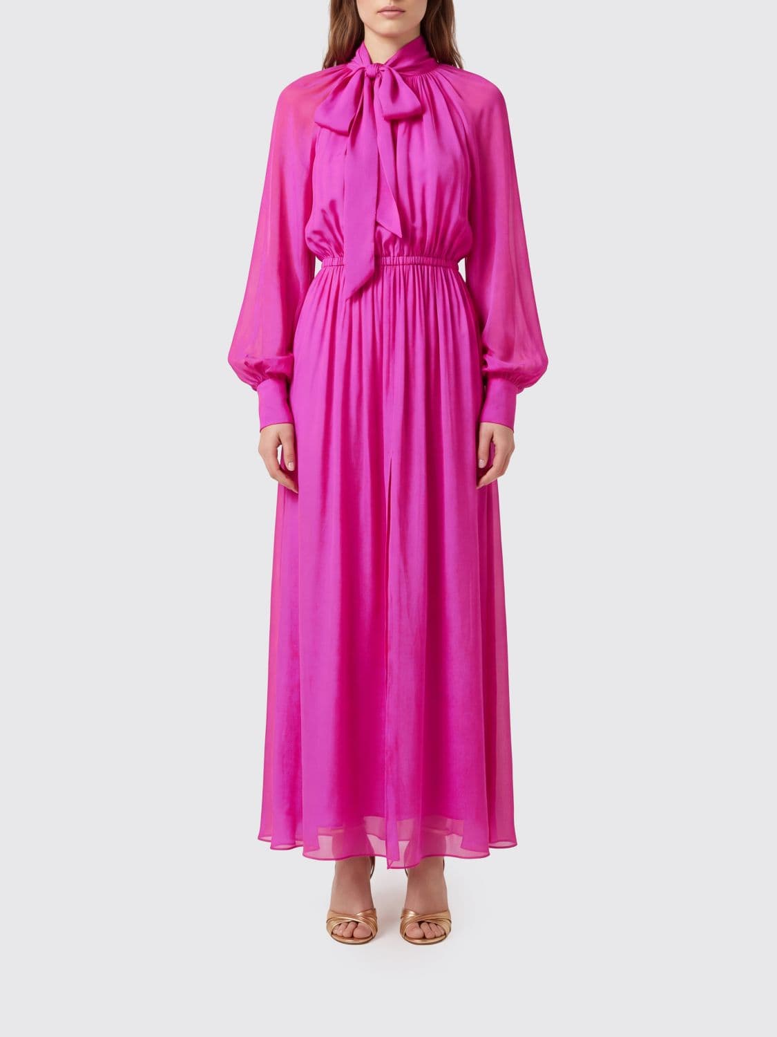 Collini Milano 1937 Long Silk Chemisier Dress with Ethnic Print and Balloon Sleeves
