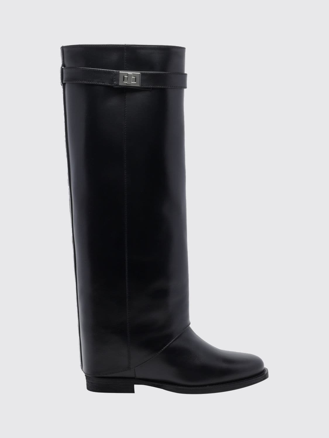 Via Roma 15 Knee-High Calfskin Leather Wedge Boots with Strap Details
