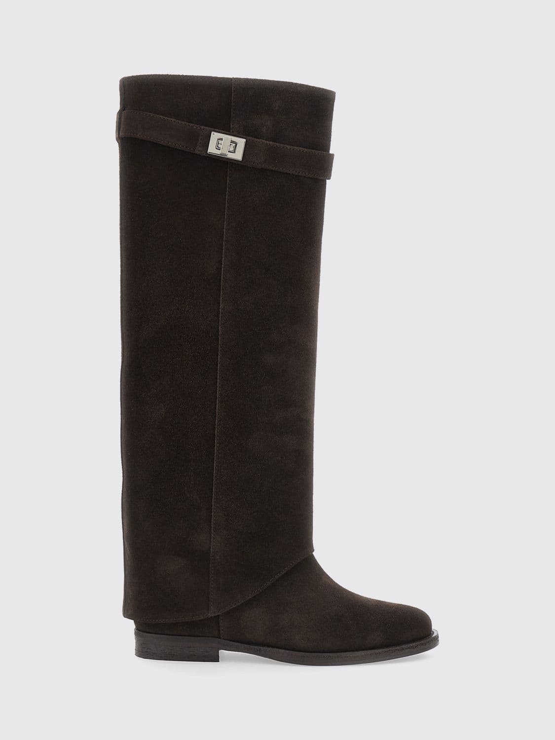 Via Roma 15 Knee-High Calfskin Leather Wedge Boots with Strap Details