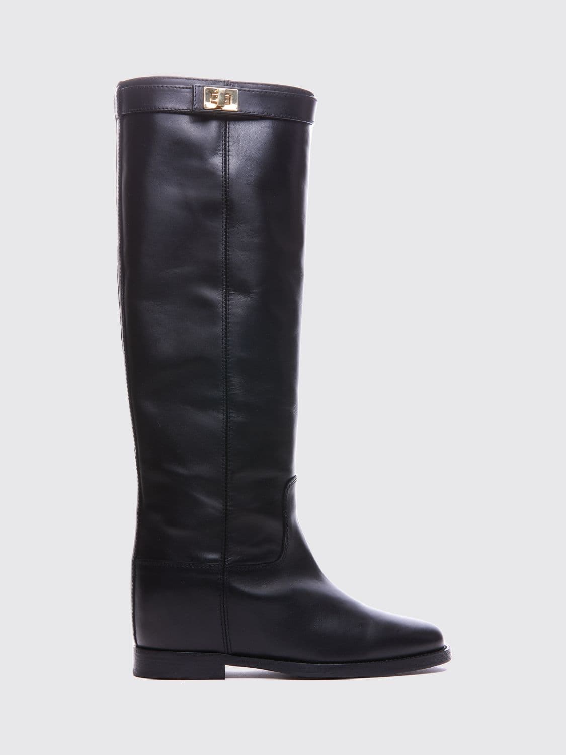 Via Roma 15 Knee-High Smooth Leather Wedge Boots with Strap Details