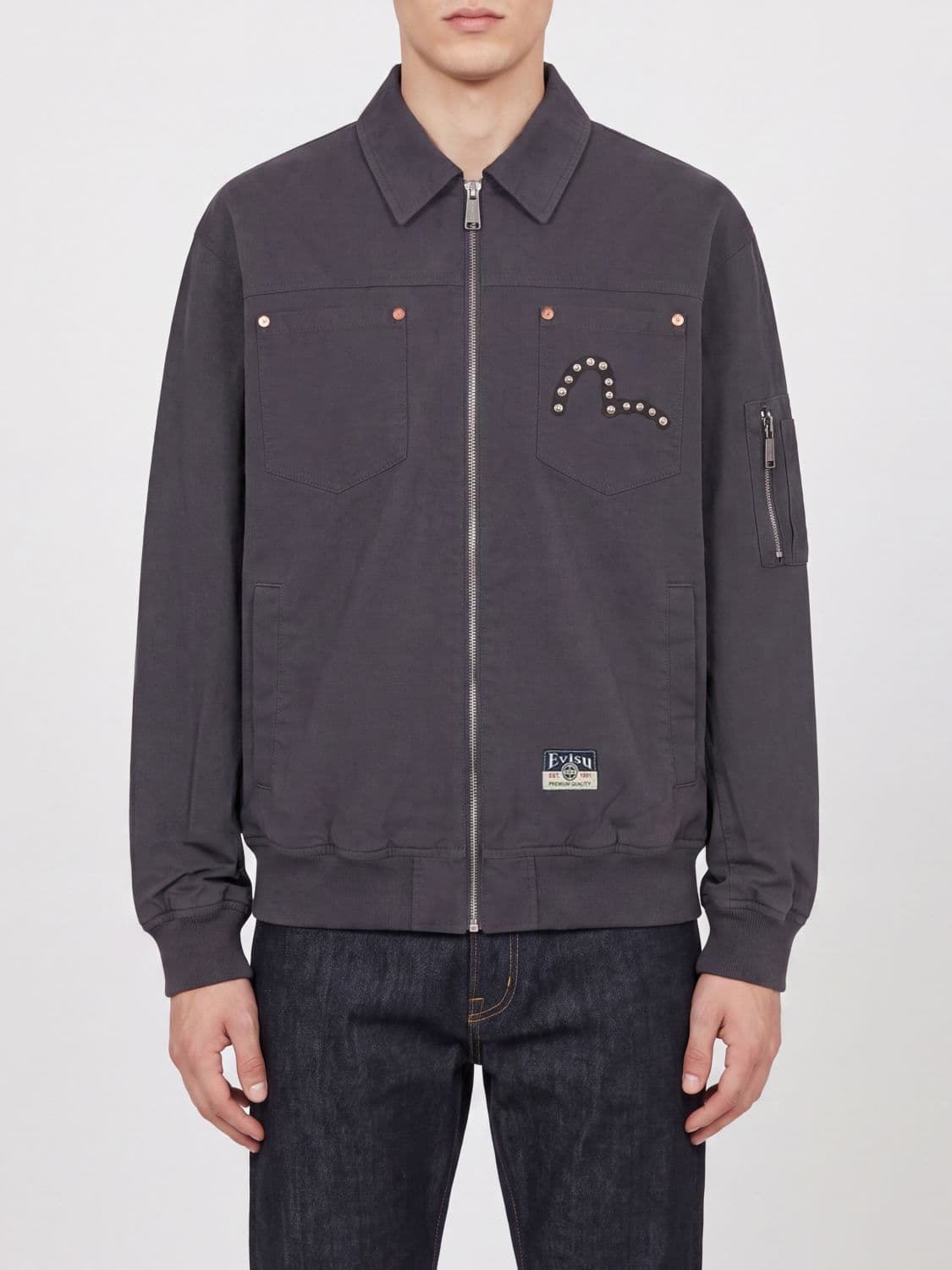 Evisu Graphic Print Bomber Jacket in Cotton and Nylon with Zip Closure