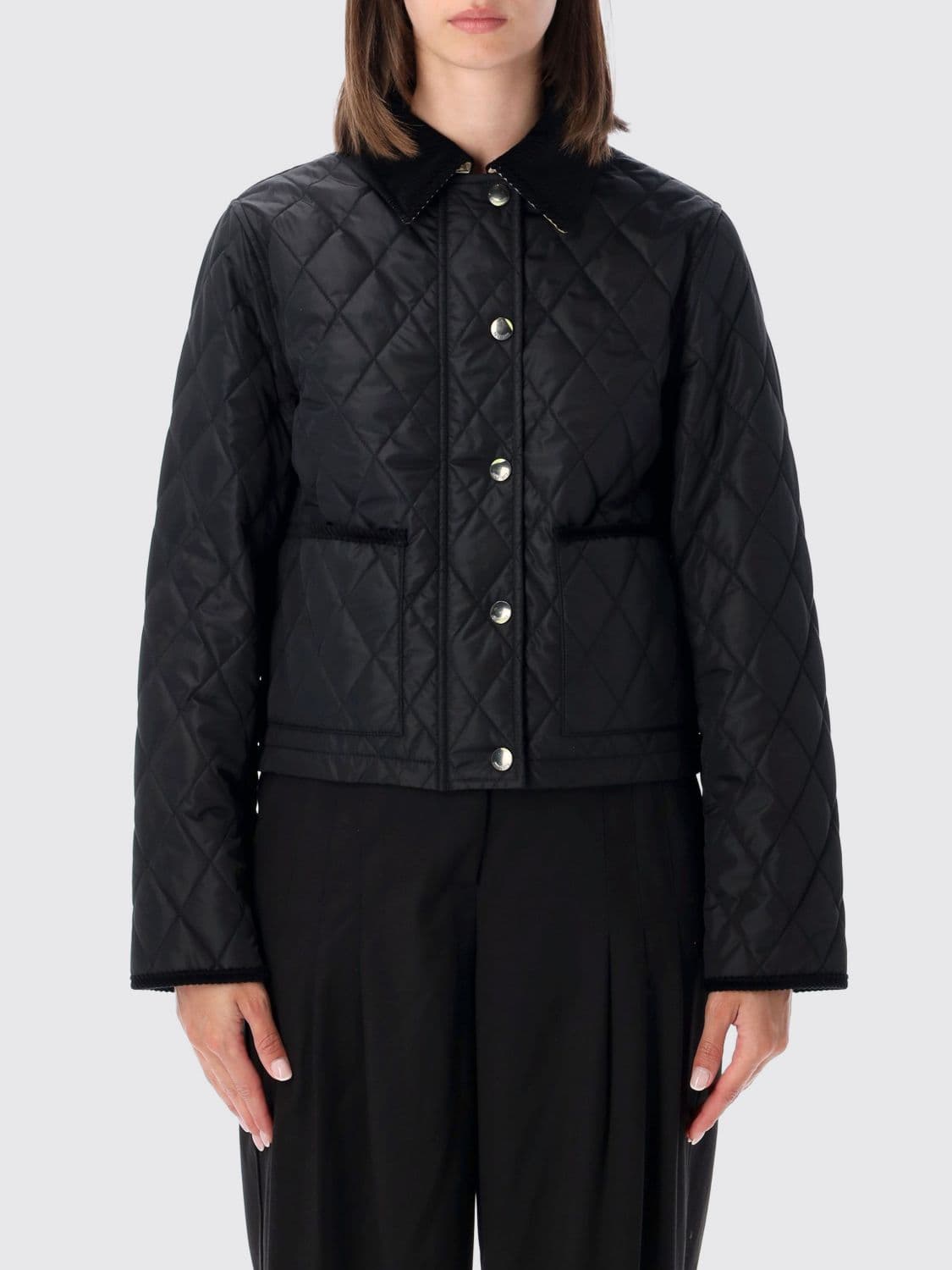 Burberry Short Quilted Jacket in Black Nylon with a Corduroy Velvet Collar