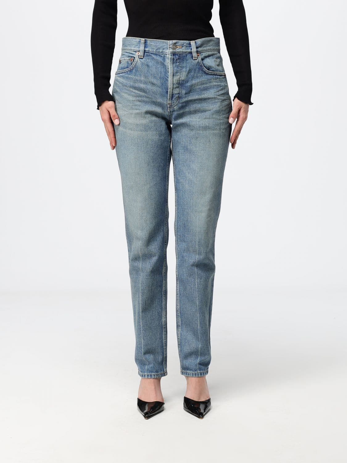 Saint Laurent Mid-Rise Skinny Jeans in Blue Cotton Denim with Five Pockets