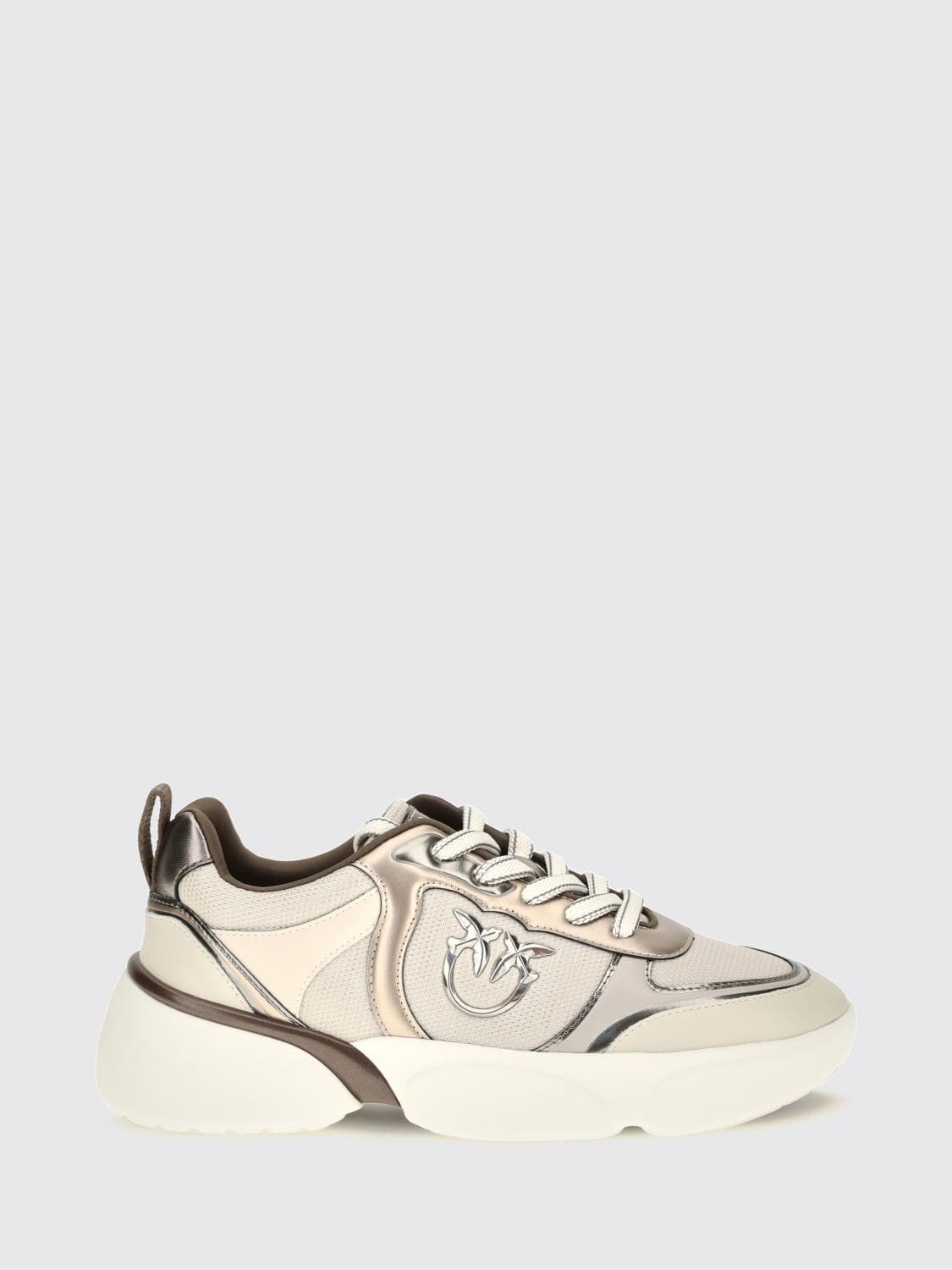 Pinko Alba Leather and Mesh Sneakers with Love Birds Logo and Monogram Pattern