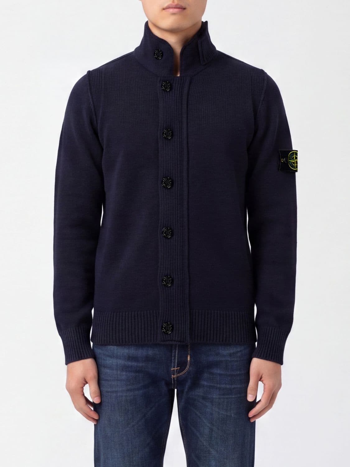 Stone Island Virgin Wool Blend High Neck Cardigan with Logo Patch