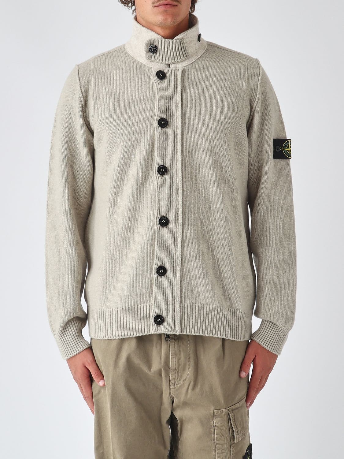 Stone Island Virgin Wool Blend High Neck Cardigan with Logo Patch