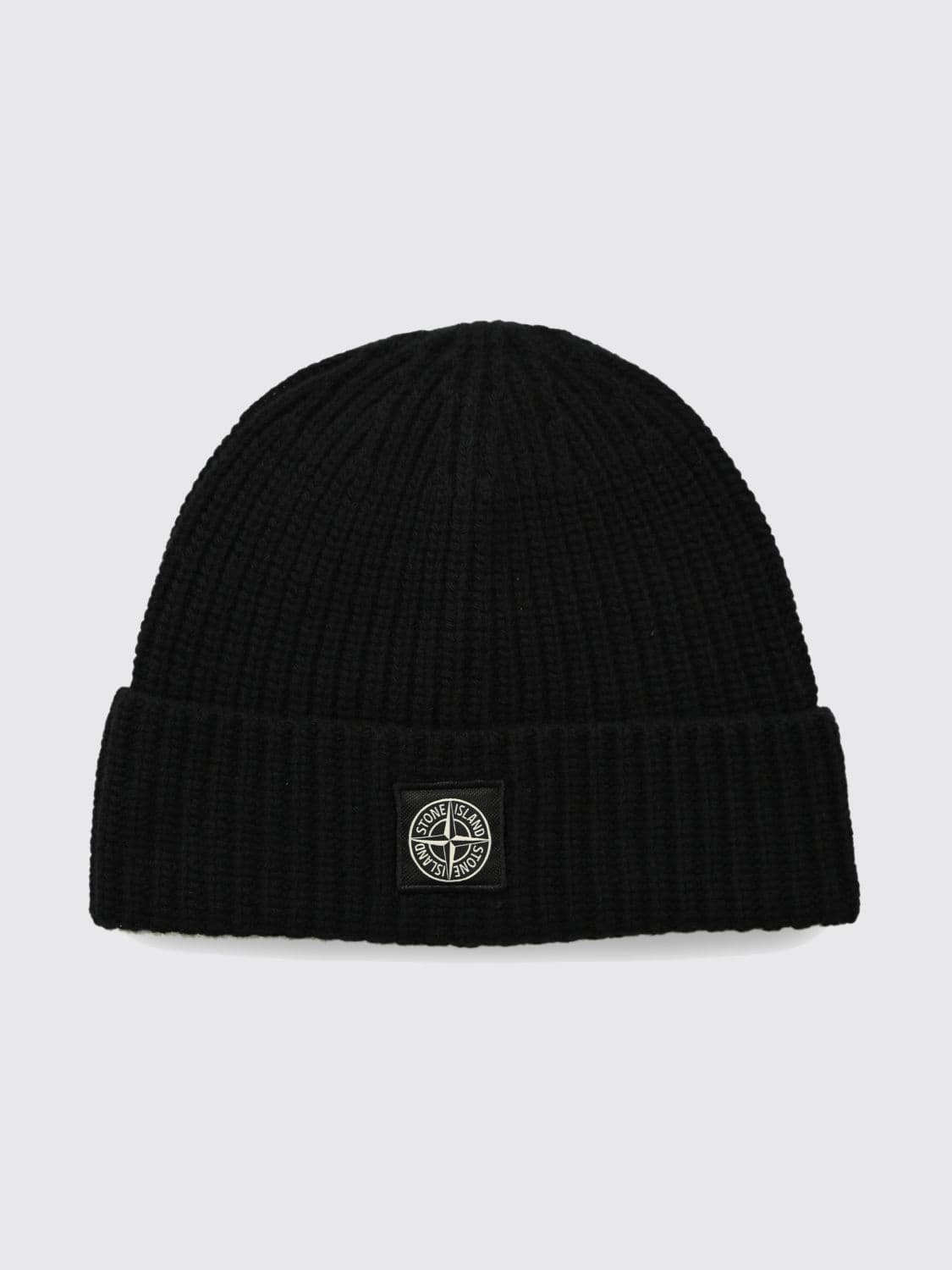 Stone Island Ribbed Virgin Wool Beanie Hat with Compass Logo