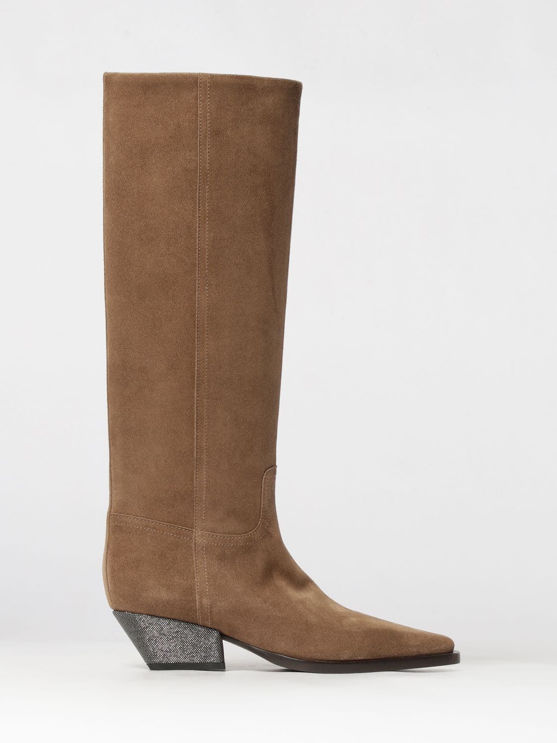 Brunello Cucinelli Knee-High Western Boots in Brown Suede Leather
