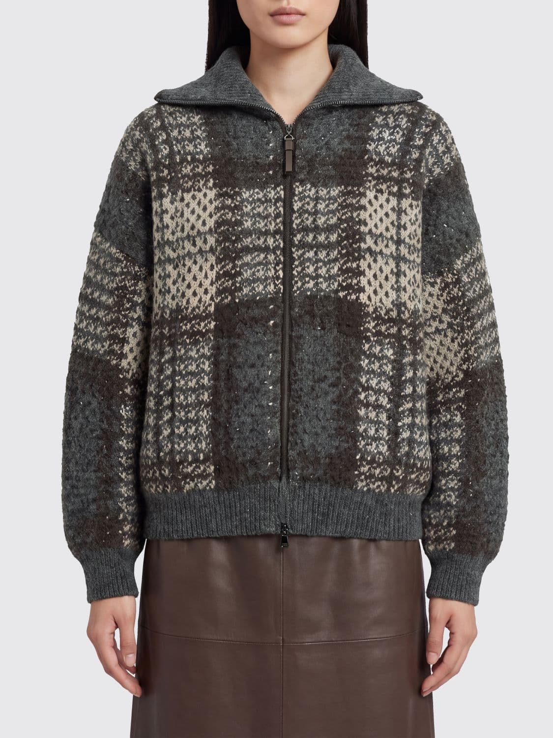 Brunello Cucinelli Check Wool-Blend Cardigan with Zip and Sequins