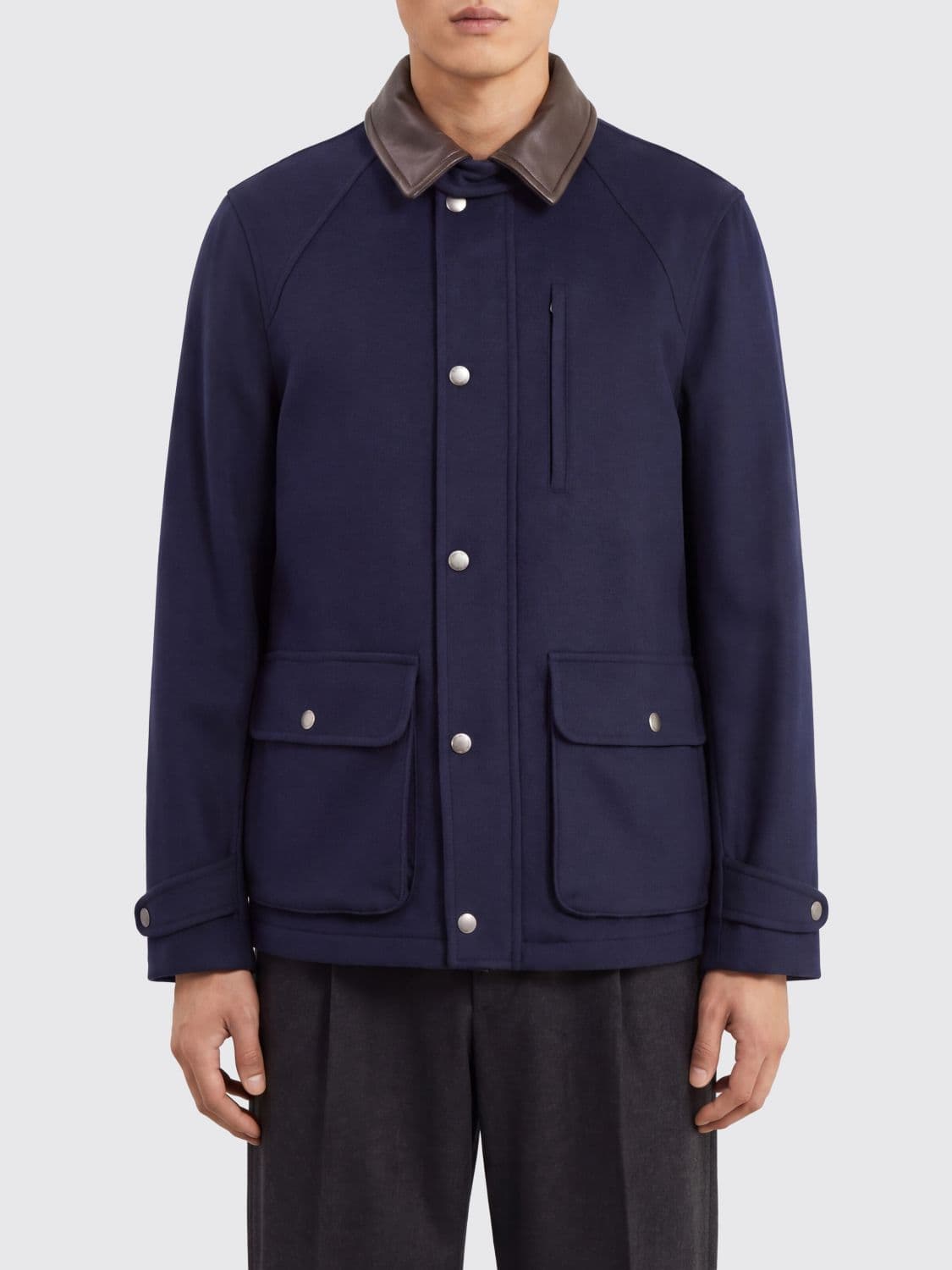Brunello Cucinelli Single-Breasted Short Virgin Wool Coat with Leather Collar