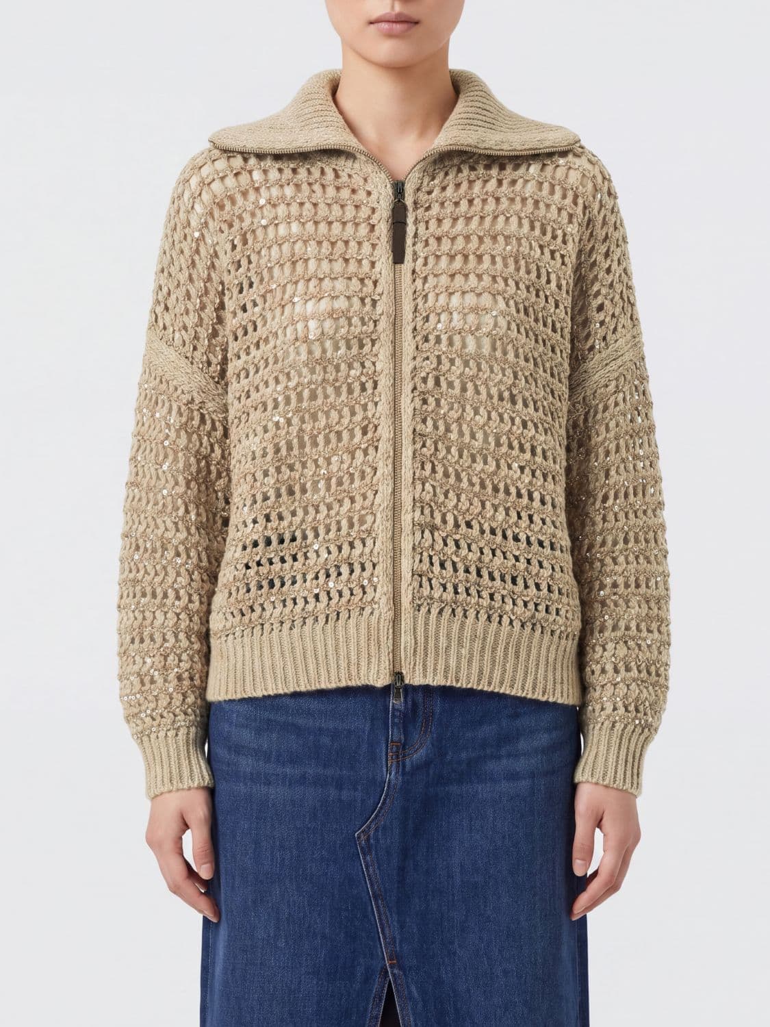 Brunello Cucinelli Wool and Cashmere Cardigan with Zip and Dropped Shoulders