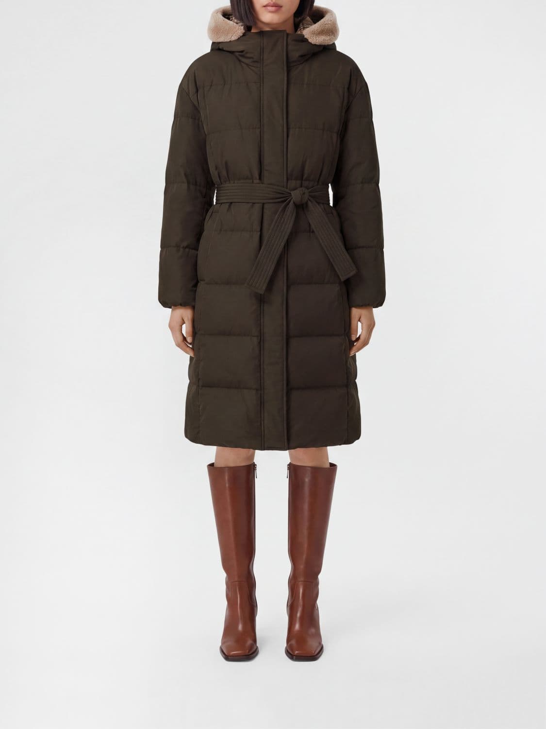 Brunello Cucinelli Water-Repellent Knee-Length Down Jacket in Cotton with Hood and Belt