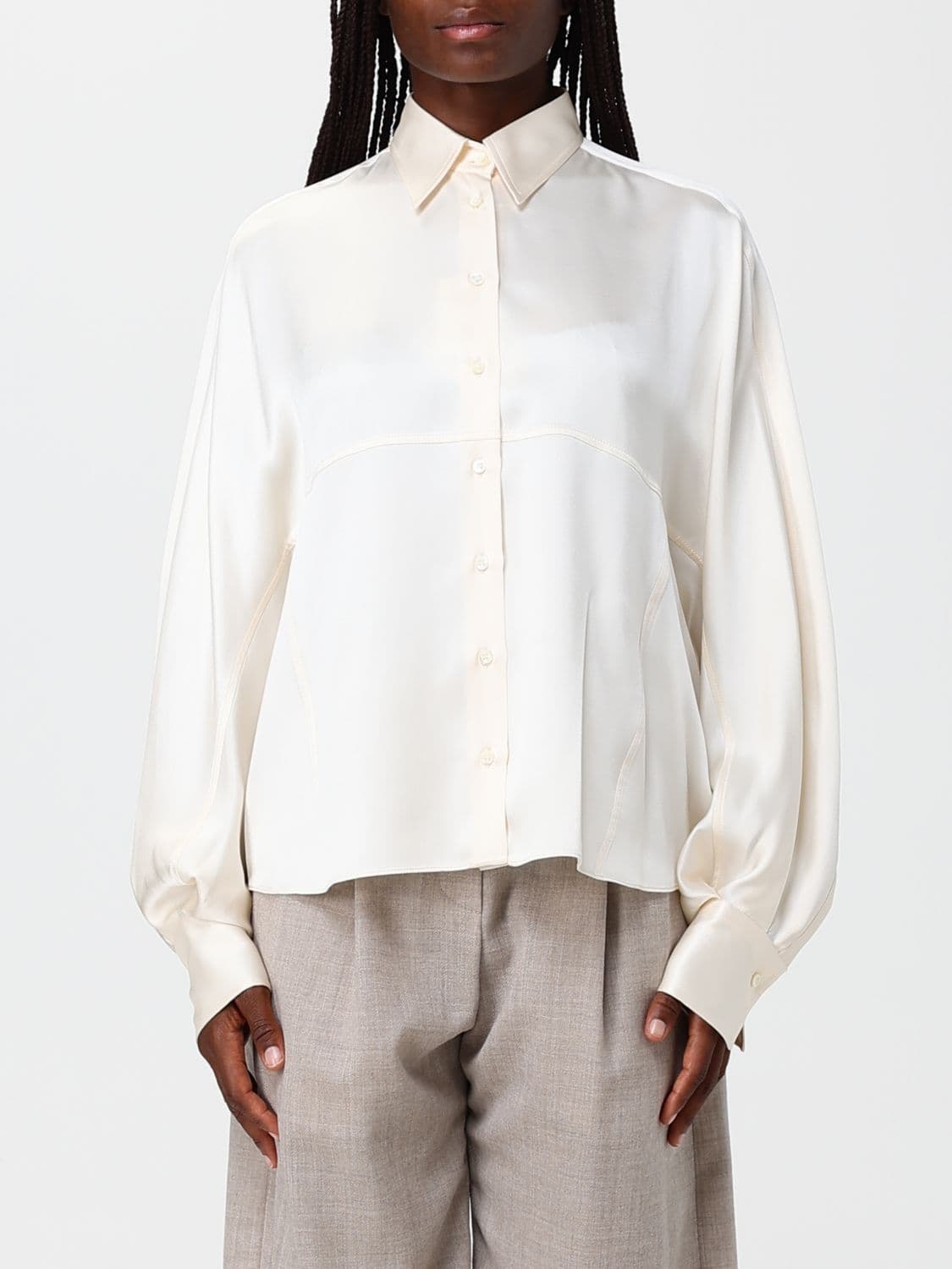 Brunello Cucinelli Elegant Shirt in Ivory Silk Satin with a French Collar