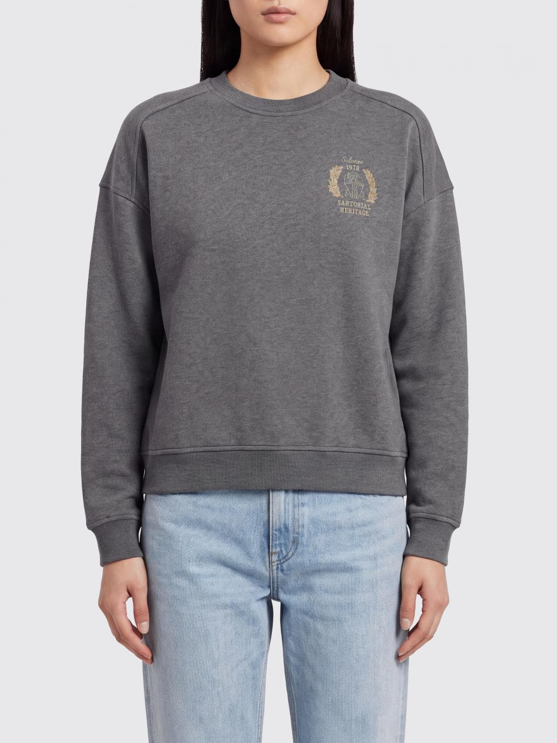 Brunello Cucinelli Cotton Crewneck Sweatshirt with Shield Logo and Dropped Shoulders