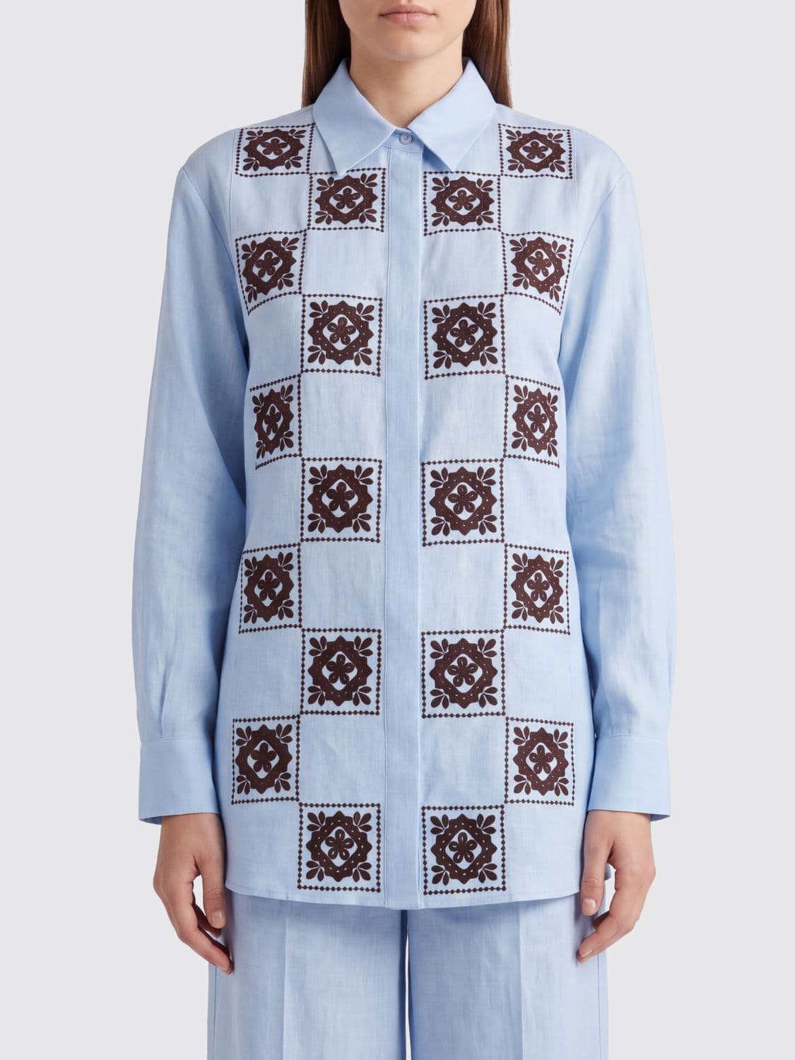 Alemais Grace Embroidered Pure Linen Shirt with Pointed Collar