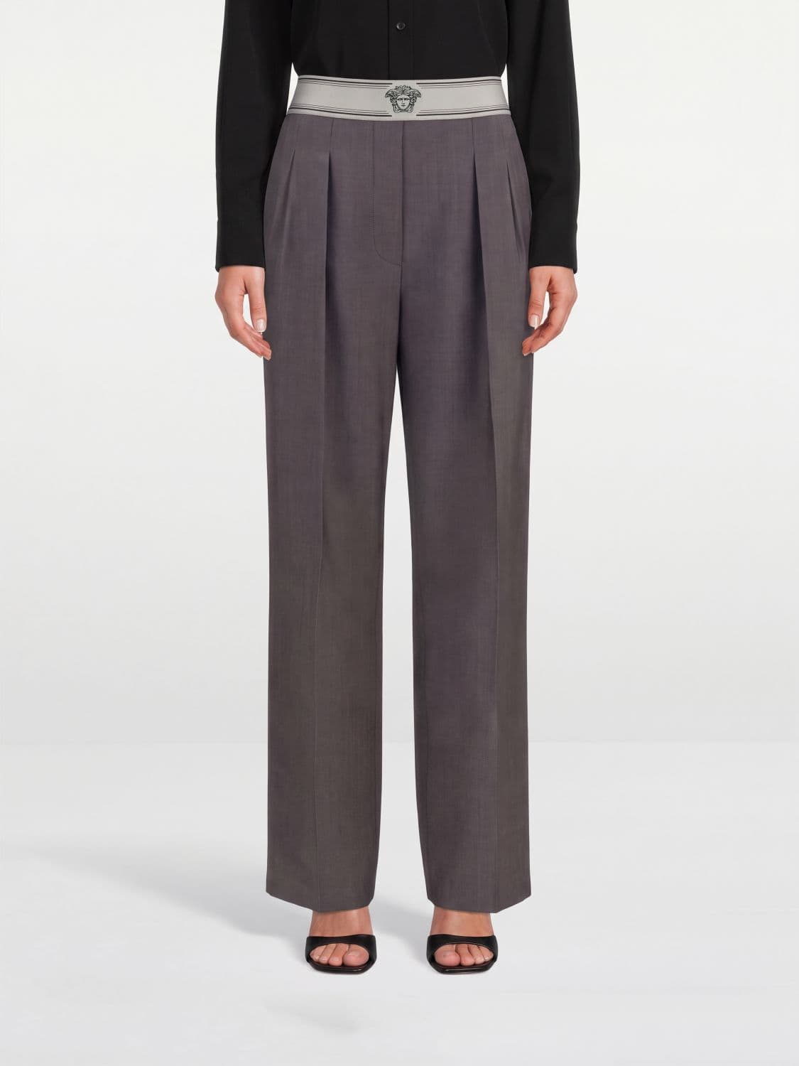 Versace Wool-Blend Wide-Leg Trousers with Pleats and High Waist
