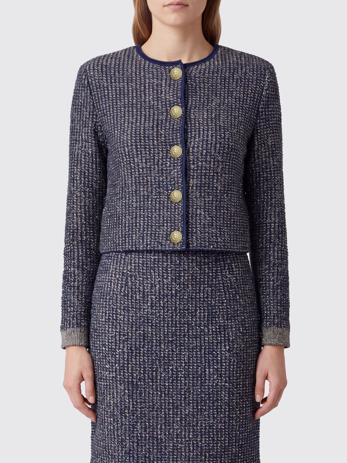 Balmain Bicolour Bouclé Crewneck Cardigan with Metallic Buttons