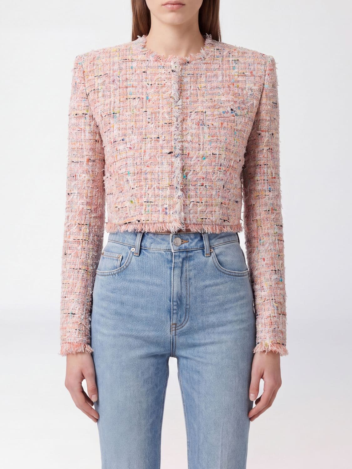 Balmain Cropped Bicolor Cotton Tweed Blazer with Fringed Trim