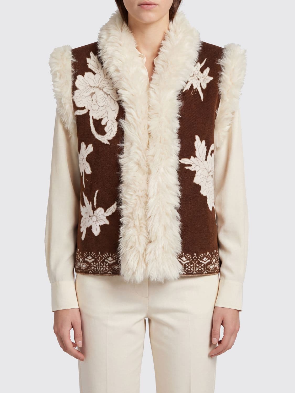Forte Forte Floral Embroidered Faux Fur Vest with Shawl Collar