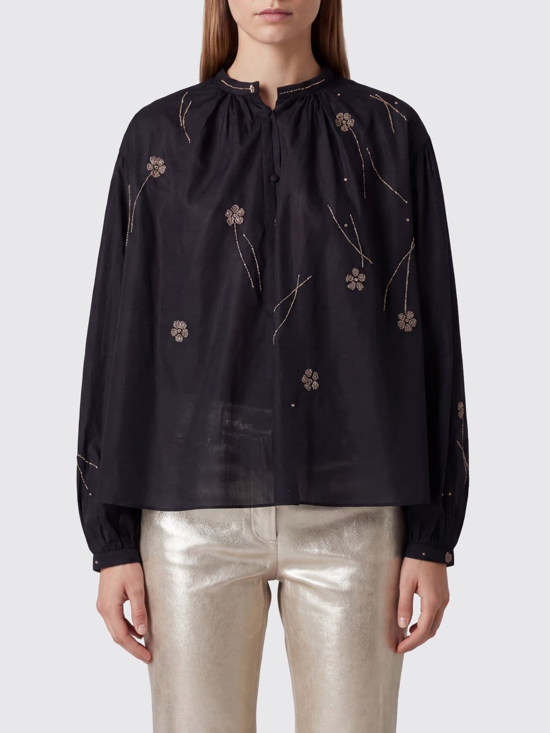 Forte Forte Cotton and Silk Blouse with Floral Embroidery and Rhinestone Appliqués