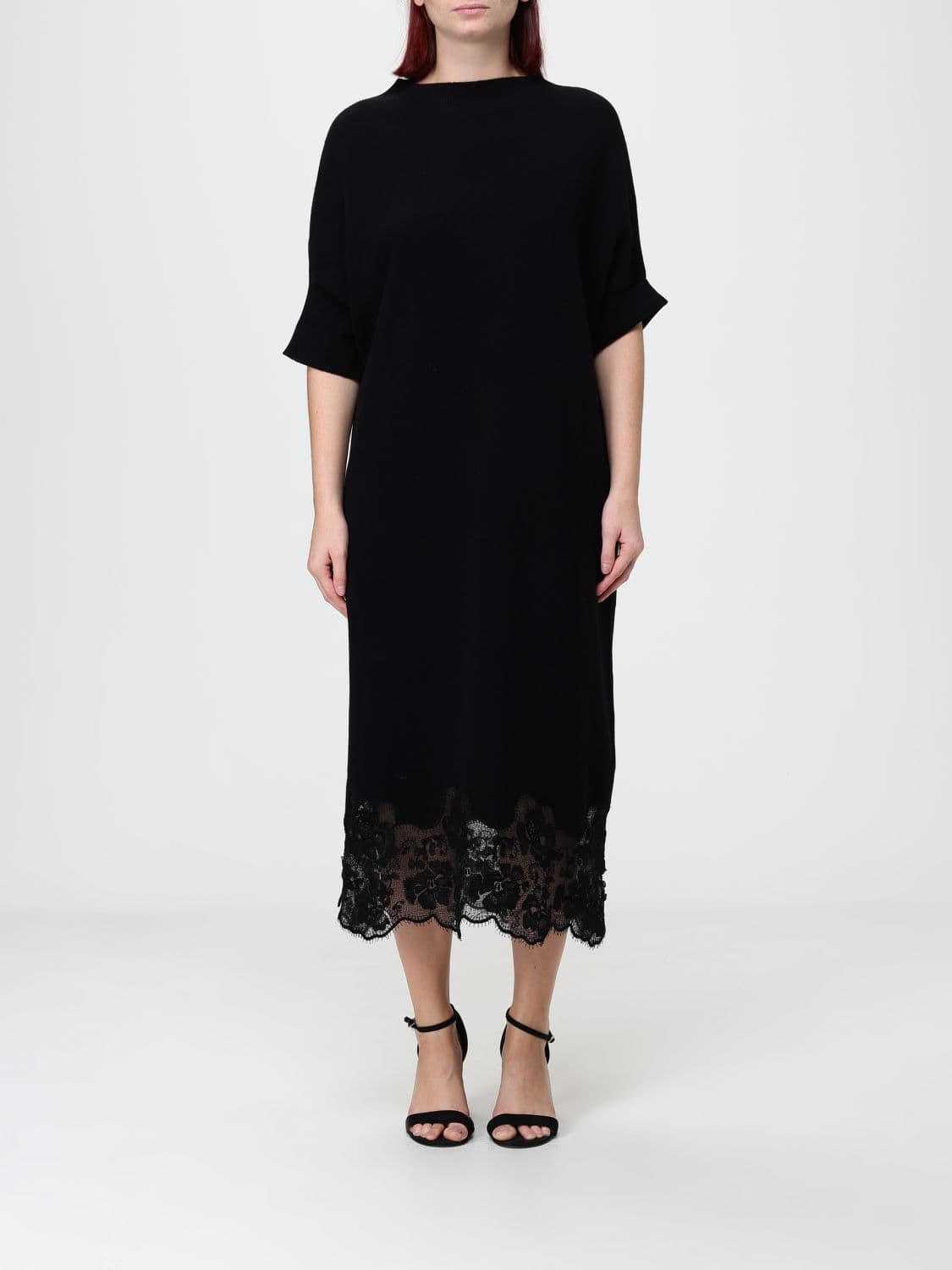 Fabiana Filippi Wool and Silk A-Line Midi Dress with Lace Inserts