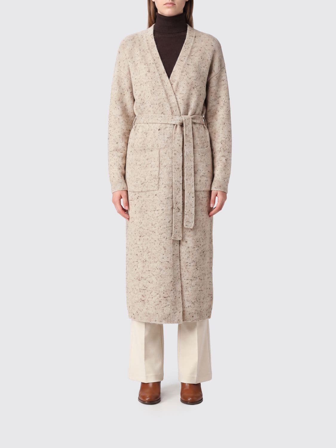 Fabiana Filippi Long Robe-Style Cardigan in Wool and Cashmere with Belt