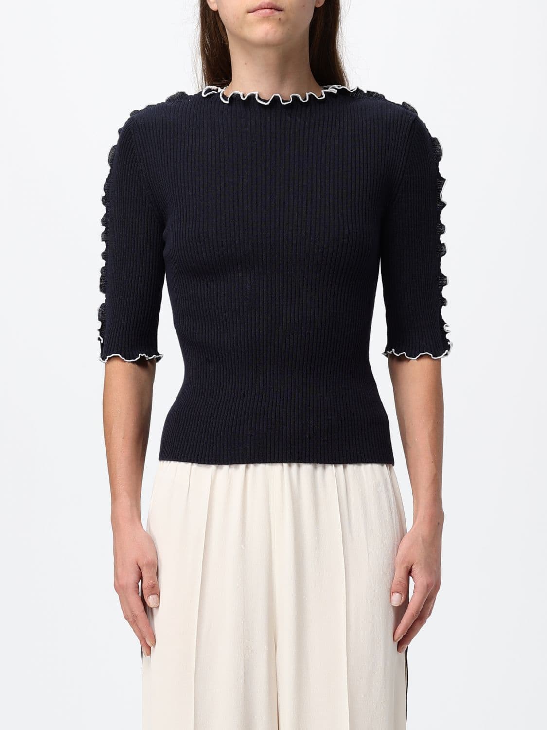 Fabiana Filippi Short-Sleeved Wool and Cotton Blend Crewneck Jumper with Contrast Trim