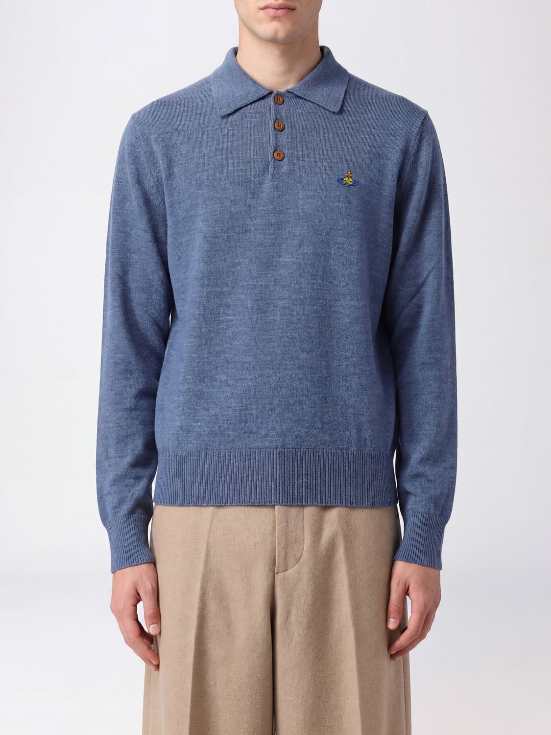 Vivienne Westwood Mark Long-Sleeved Wool Knit Polo Shirt with Embroidered Orb Logo