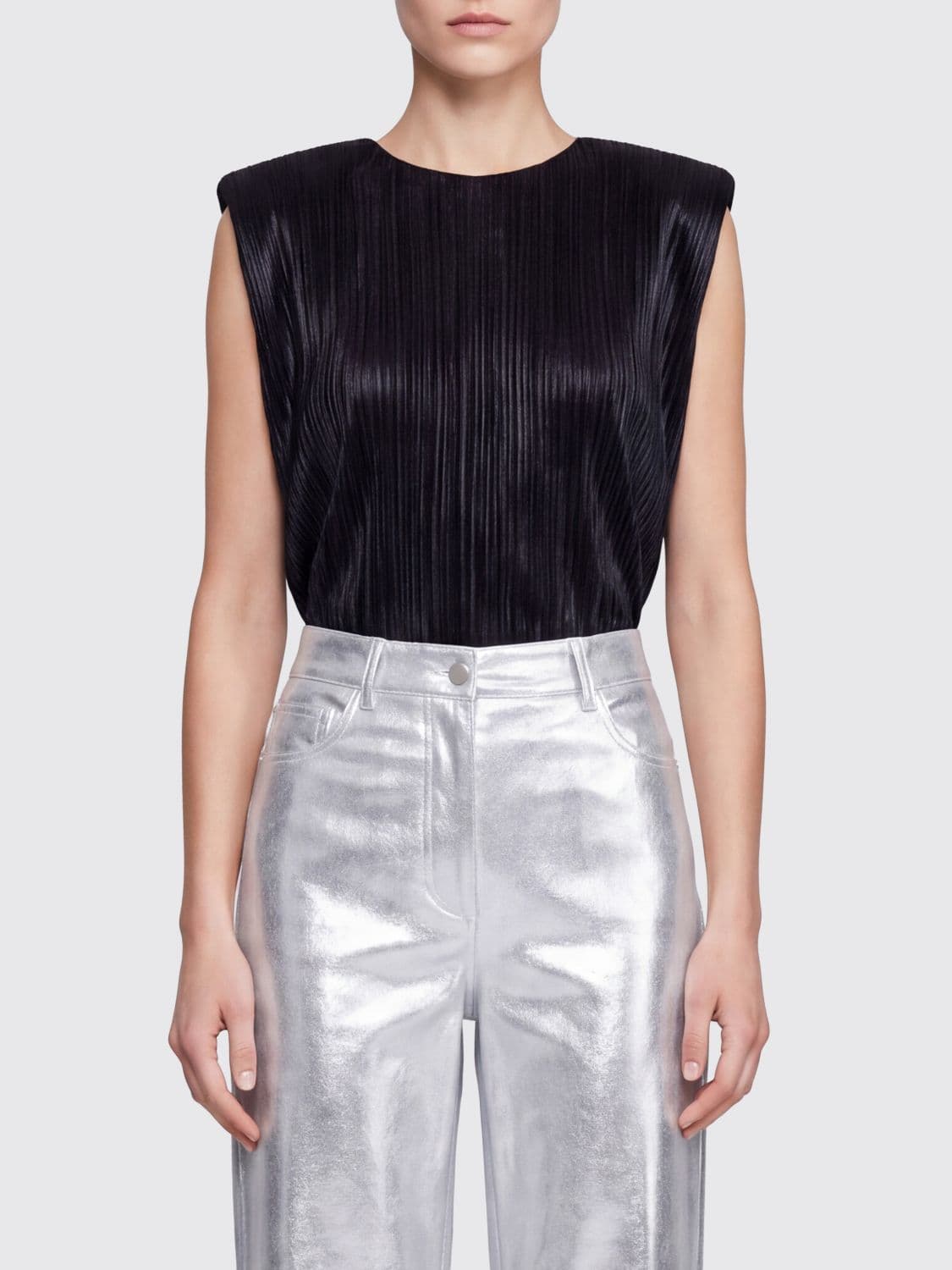 Forte Forte Sleeveless Pleated Technical Fabric Top with Crew Neck