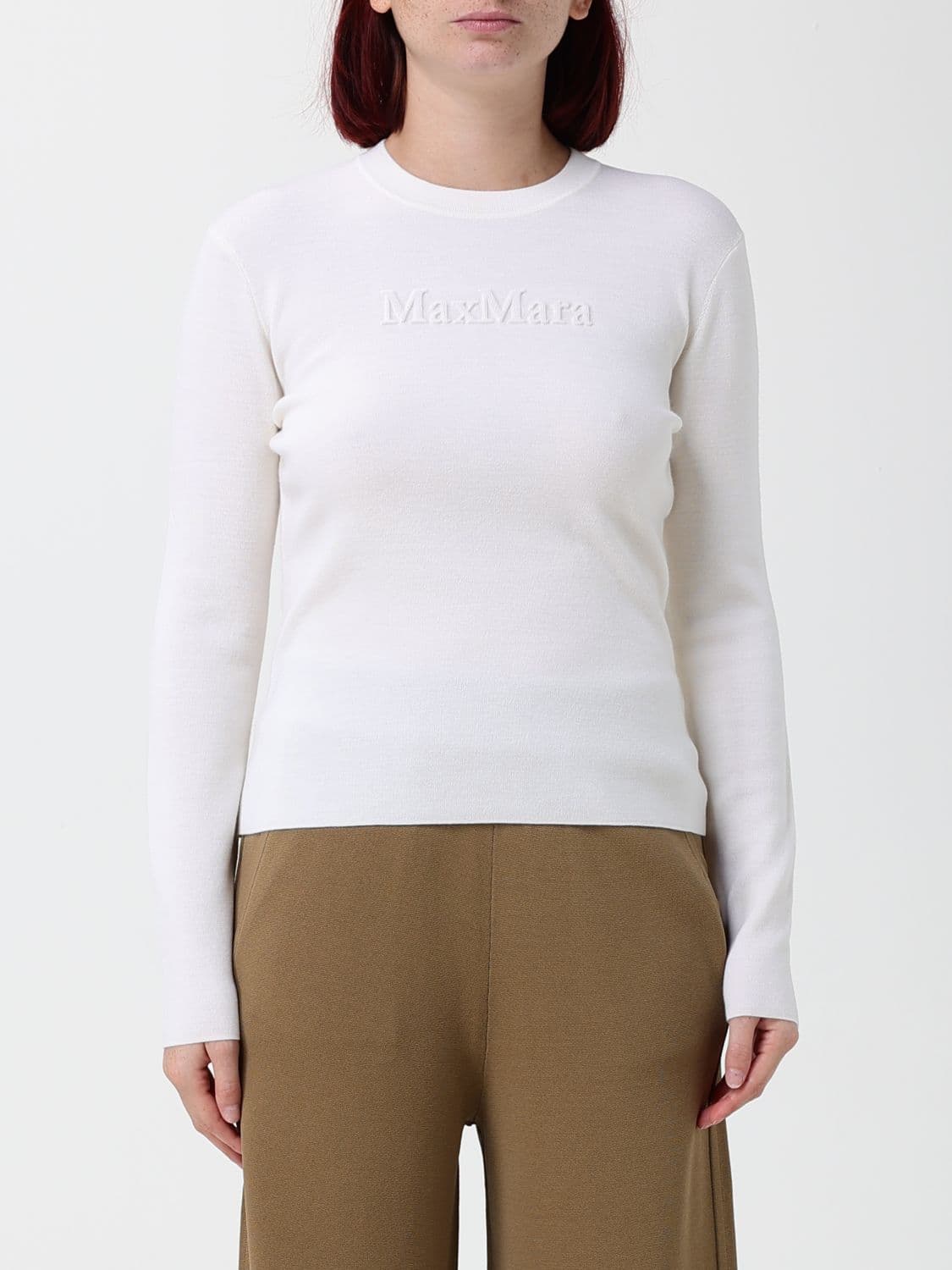 Max Mara Slim Fit Pure Virgin Wool Crewneck Jumper with Tonal Logo