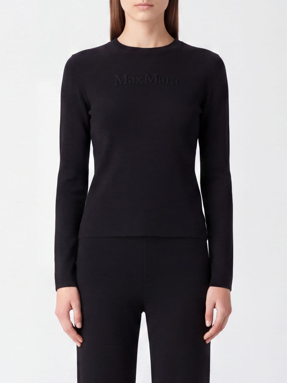 Max Mara Slim Fit Pure Virgin Wool Crewneck Jumper with Tonal Logo