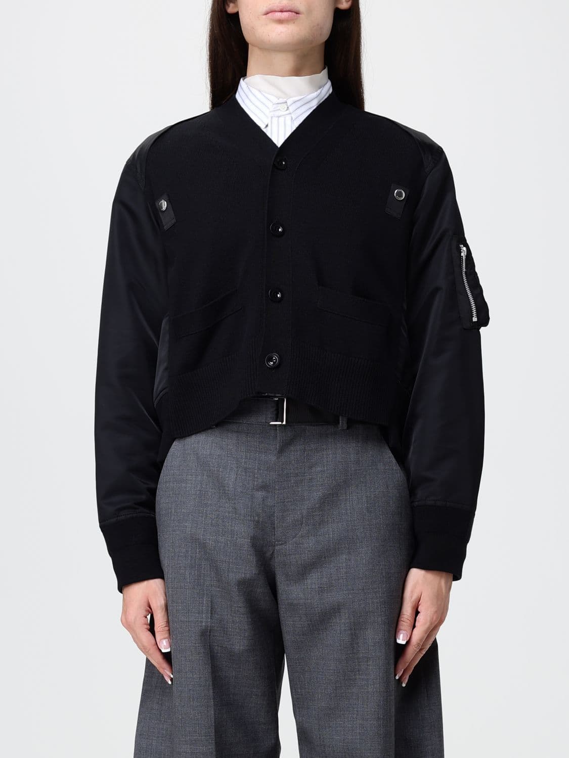 Sacai Bicolor Cotton and Nylon Cardigan with Zip Pockets