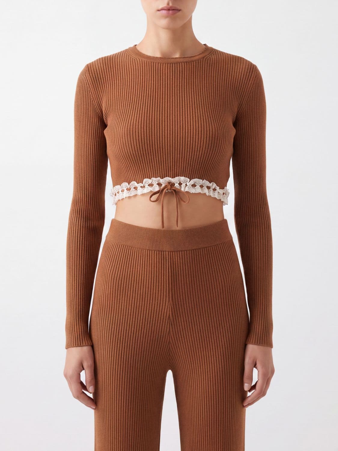 Chloé Cropped Ribbed Wool Knit Top with Embroidery and Drawstring Hem