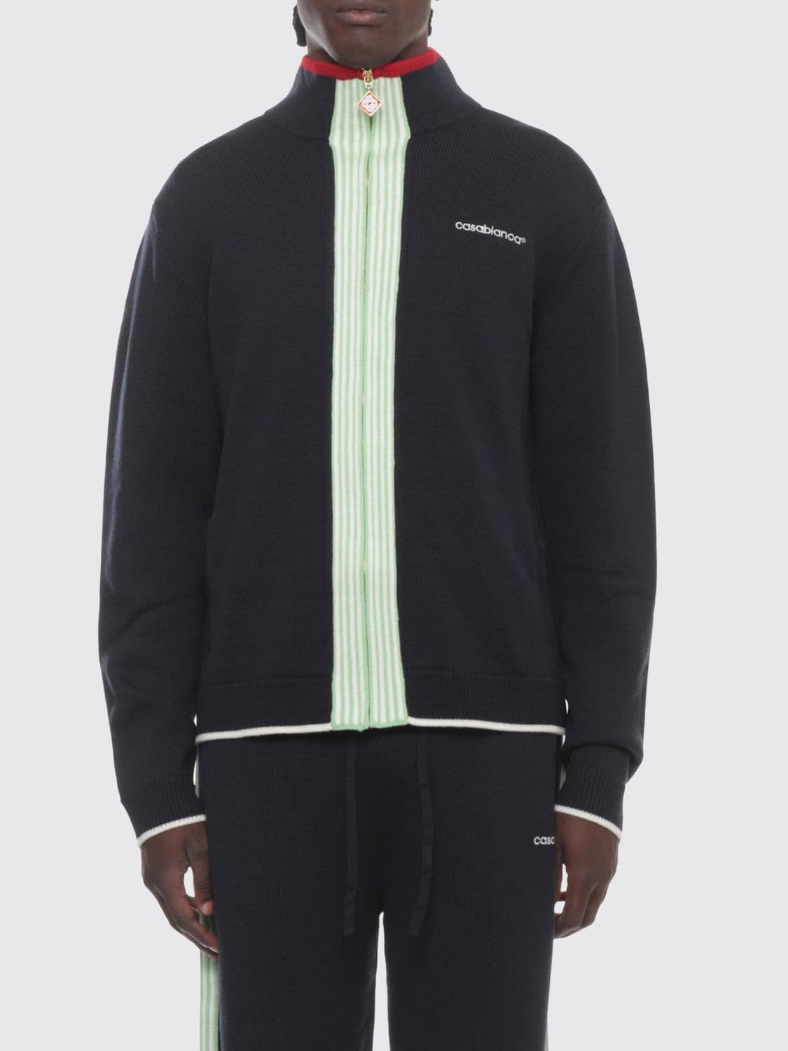 Casablanca Striped Merino Wool Cardigan with Polo Neck and Zip