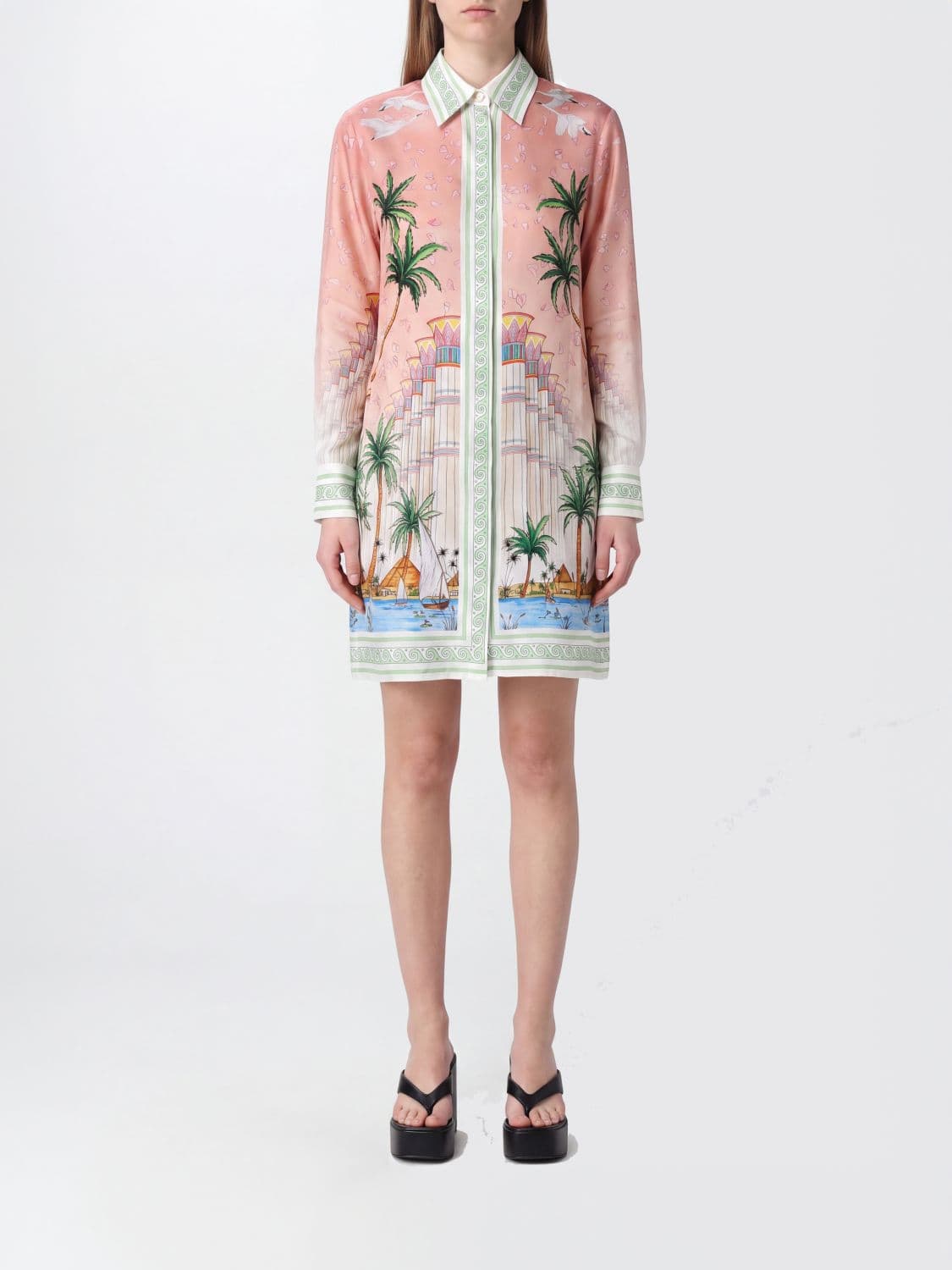 Casablanca Long-Sleeved Silk Mini Shirtdress with Tropical Floral Print