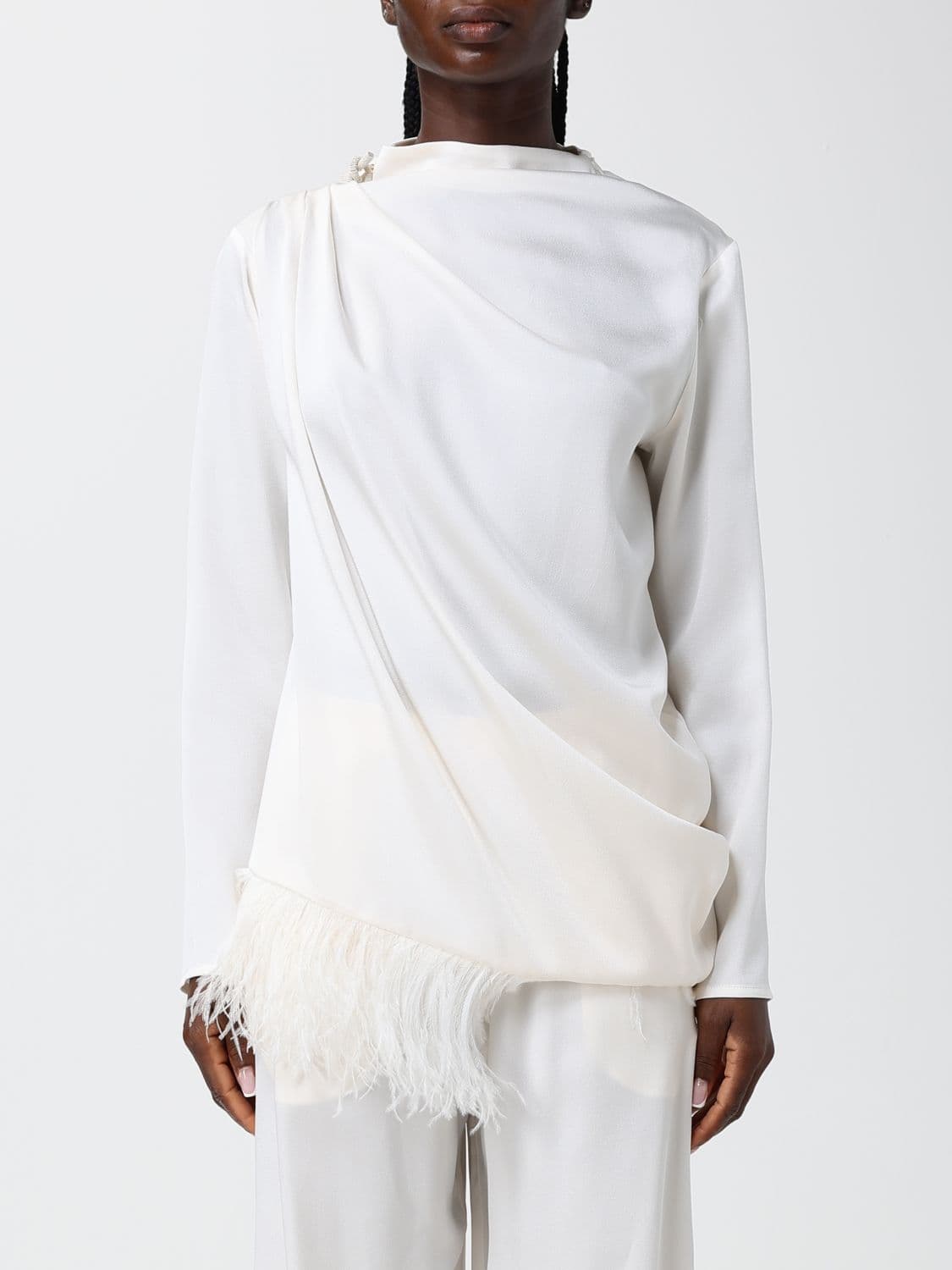 Fabiana Filippi Viscose Long-Sleeved Blouse with Feathers and Asymmetrical Hem