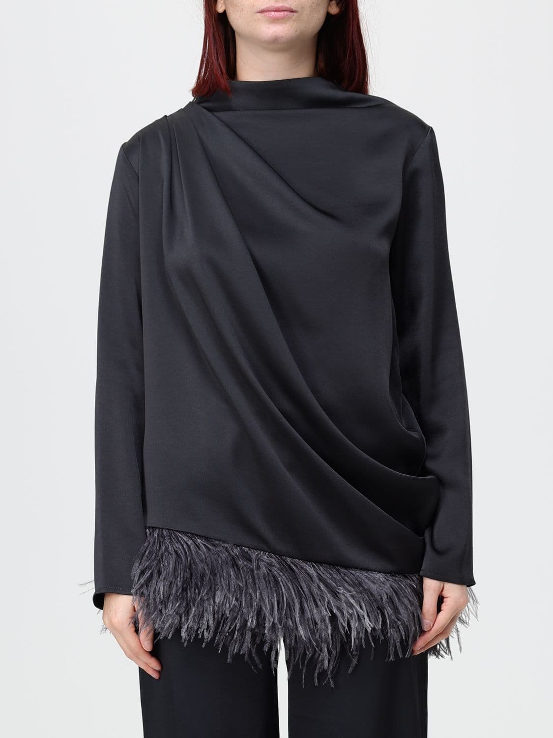 Fabiana Filippi Viscose Long-Sleeved Blouse with Feathers and Asymmetrical Hem