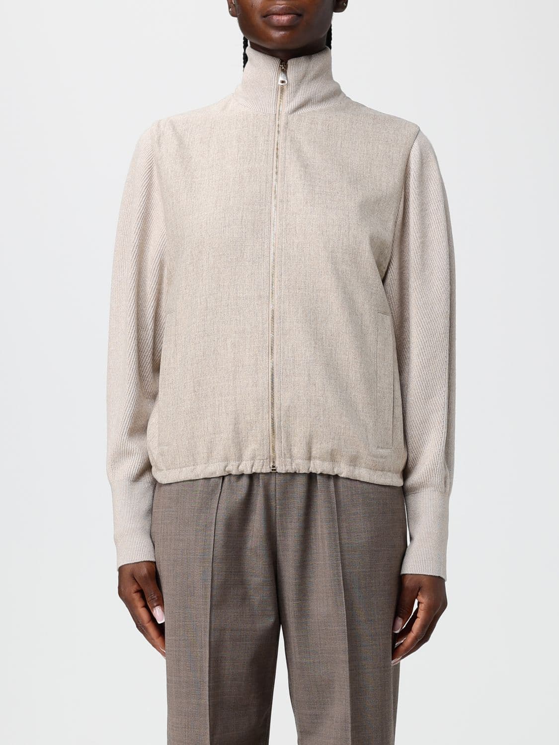 Fabiana Filippi High Neck Wool Blend Bomber Jacket with Metal Zip Closure
