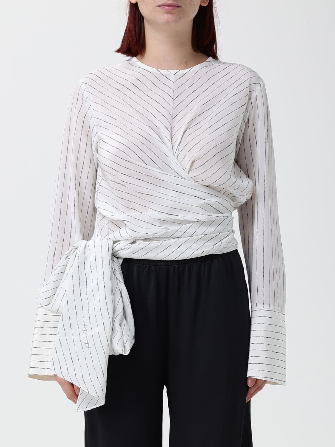 Fabiana Filippi Striped Long-Sleeved Blouse with a Sash Waist Belt