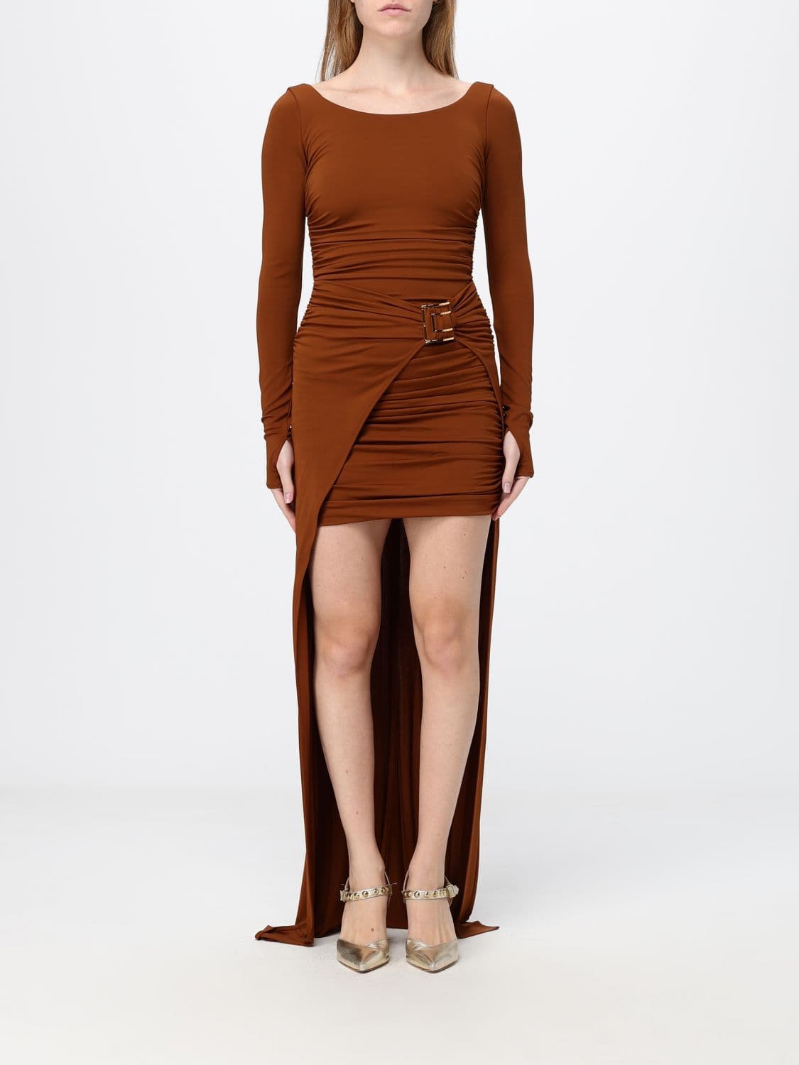 Elisabetta Franchi Long Asymmetrical Sheath Gown in Jersey