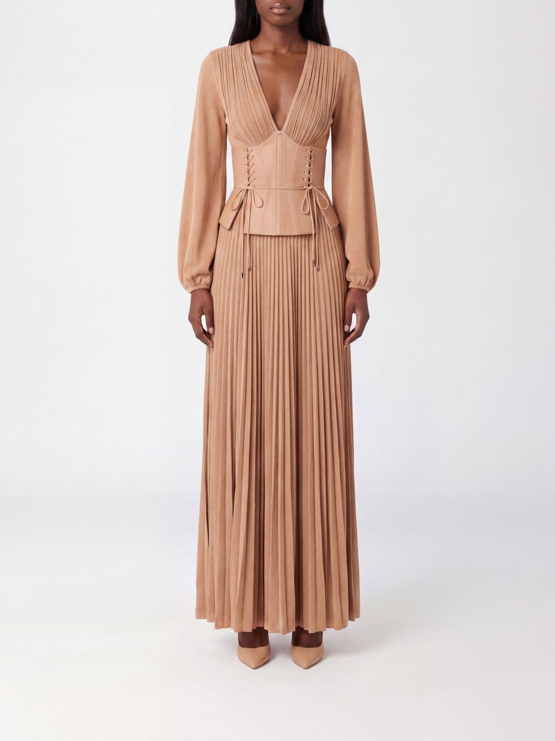 Elisabetta Franchi Long Viscose Blend Evening Gown with a Corset Bodice and V-Neck