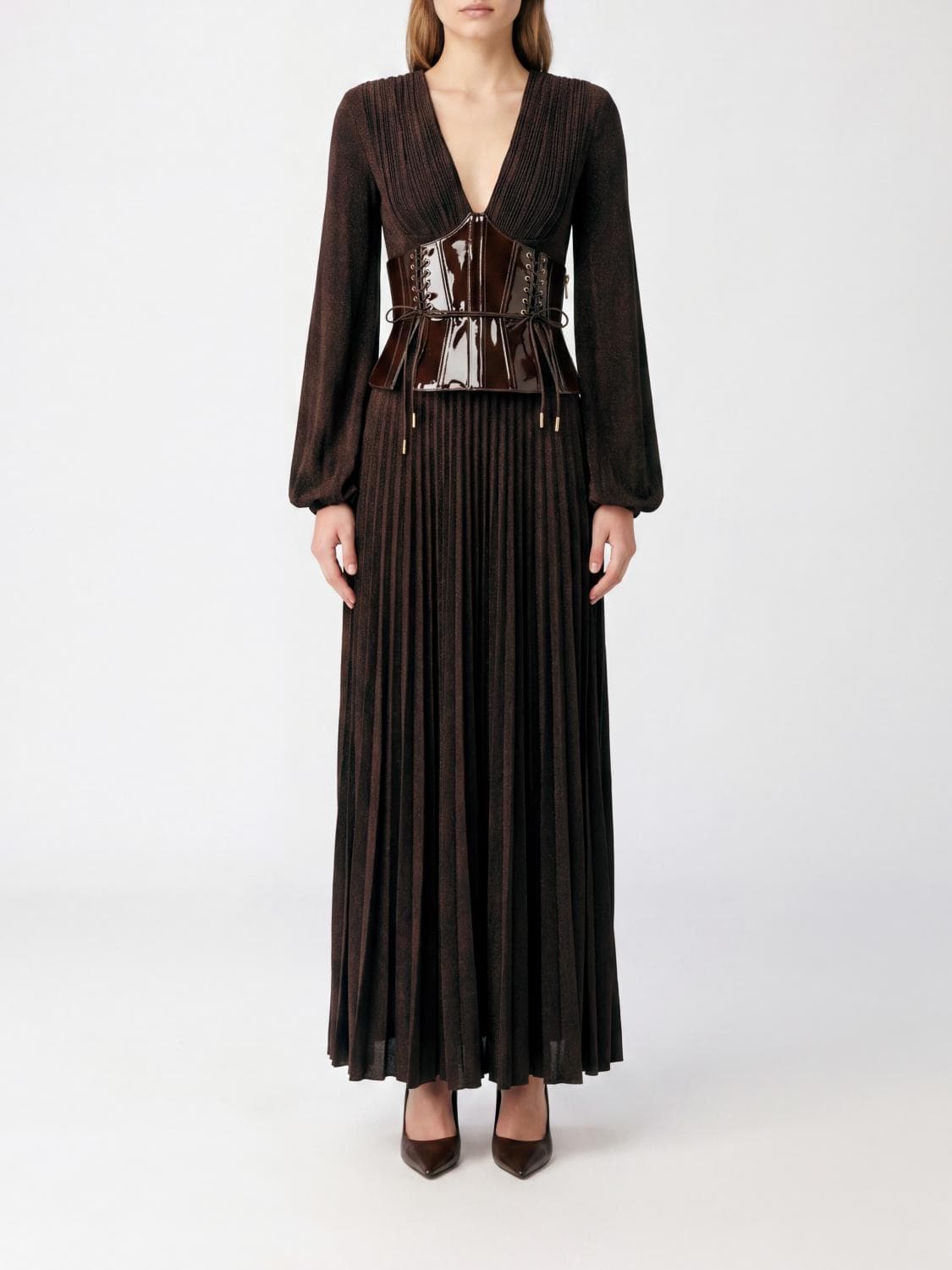 Elisabetta Franchi Long Viscose Blend Evening Gown with a Corset Bodice and V-Neck