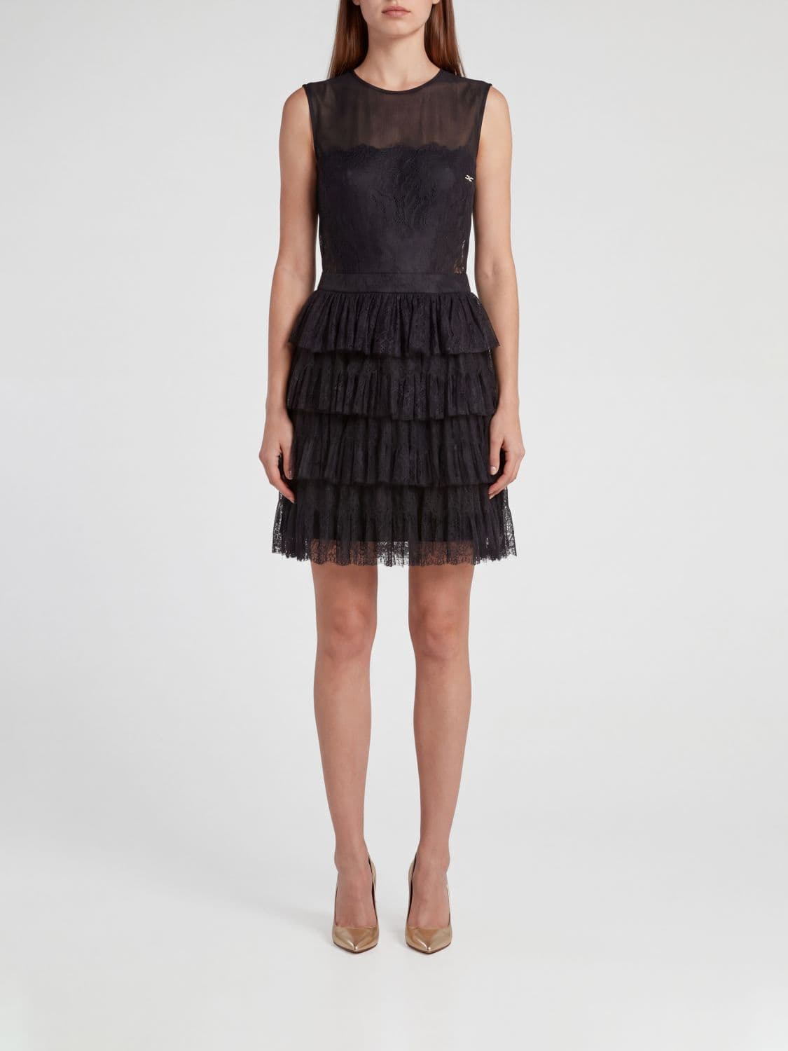 Elisabetta Franchi A-Line Off-The-Shoulder Lace and Tulle Mini Dress with Ruffles