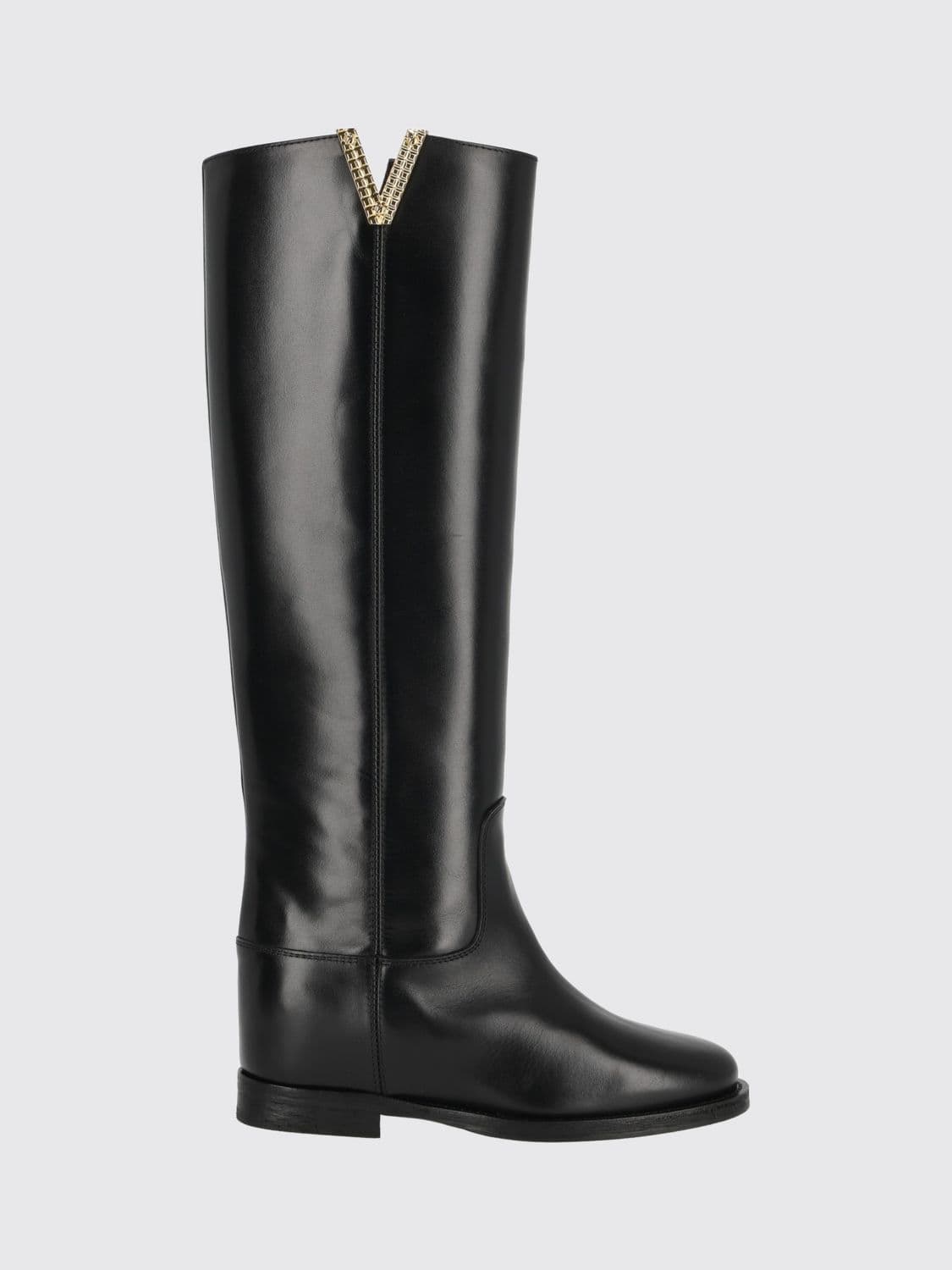Via Roma 15 Leather Knee-High Boots with Wedge Heel and Round Toe