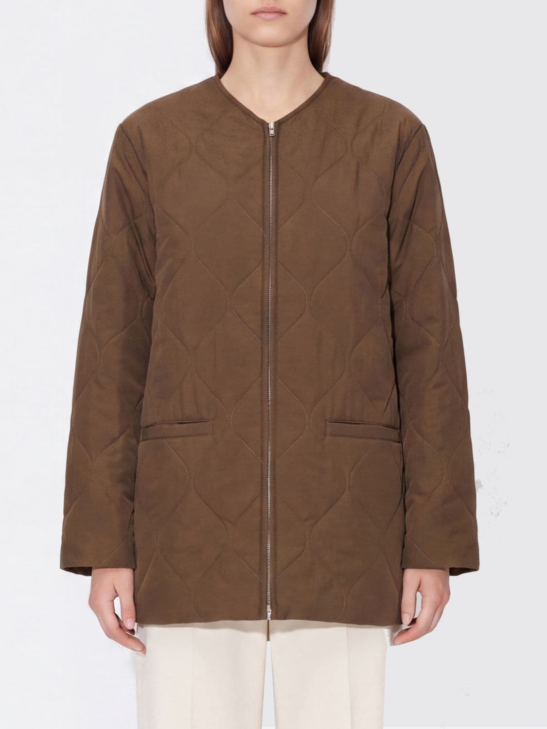 Jil Sander Quilted Short Down Jacket in Polyester with Zip Closure and V-Neck