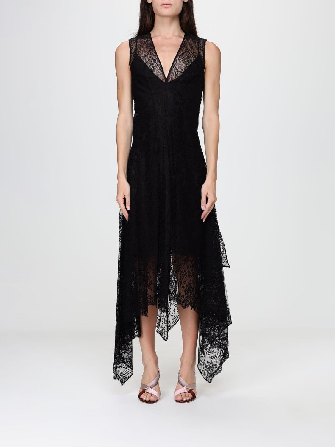 Fendi Off-the-Shoulder Silk Midi Dress with Asymmetric Hem and Lace Inserts