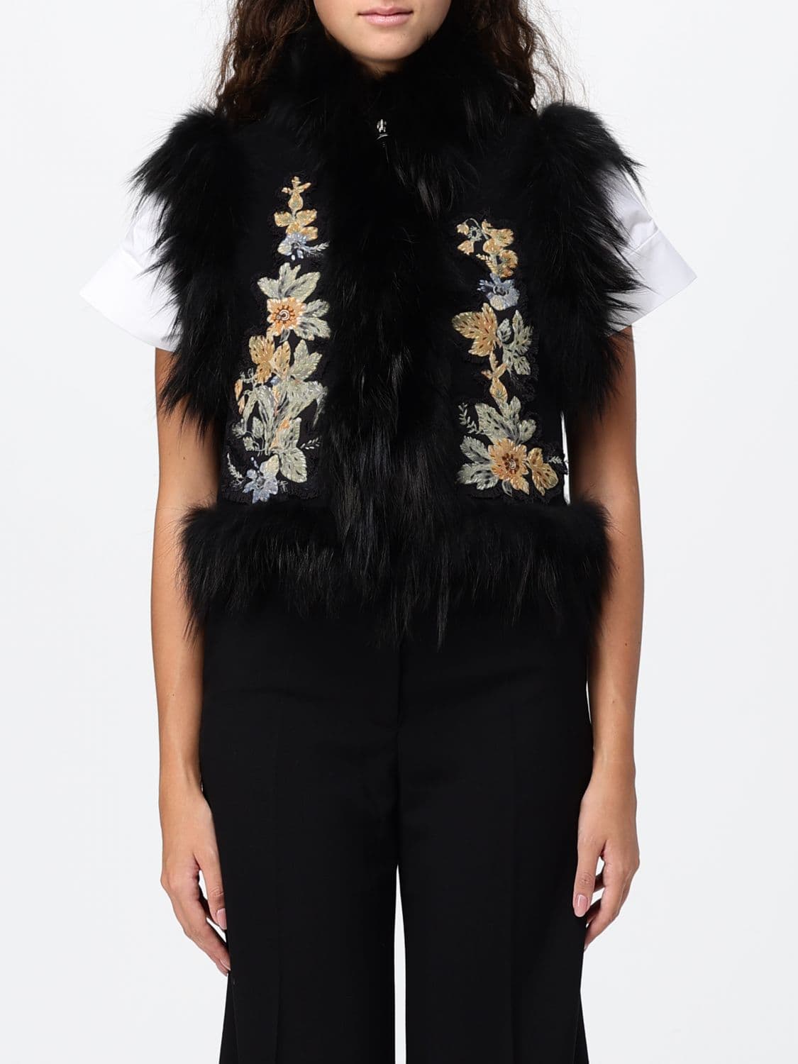 Fendi Virgin Wool Vest with Fur Collar and Floral Embroidery