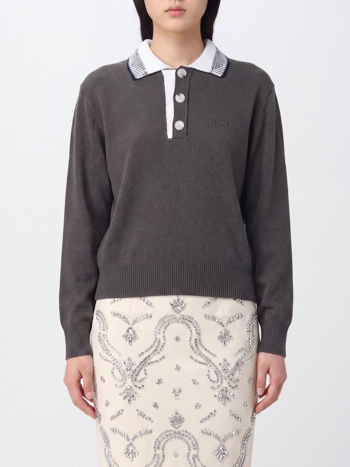 N° 21 Long-Sleeved Pure Wool Polo with Contrast Tipping