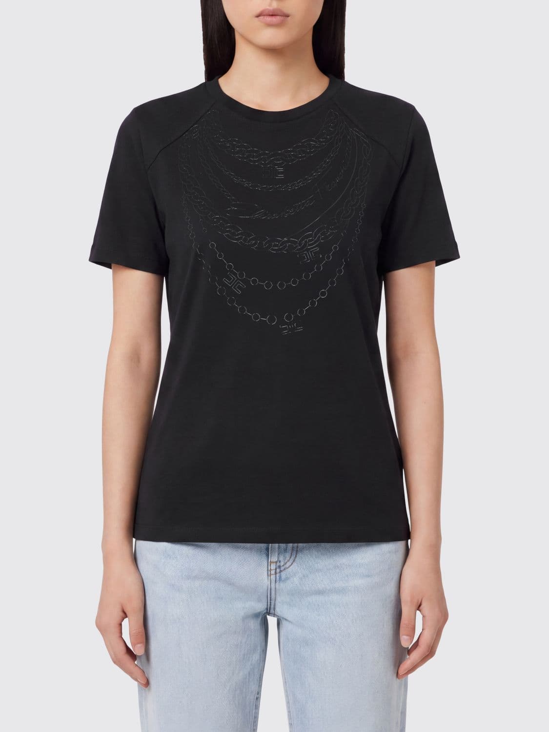 Elisabetta Franchi Slim Fit Cotton T-shirt with a Contrasting Graphic Print